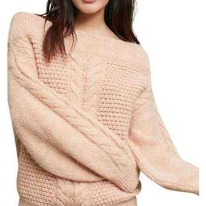 Sleeping on Snow off the shoulder blush rose cable knit sweater